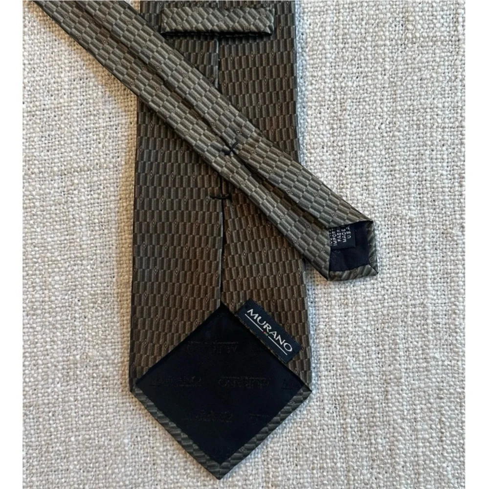 MURANO 100% Silk Tie Brown Tan Beige Small Rectangle Diamond Print